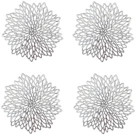 4PCS Silver Round Flower Placemat, Pressed Vinyl Placemats, Round Hollow Insulation Placemats and Coaster, for Heat Insulation of Dinner Plates, Table Decoration(Silver)