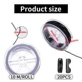10 m Ball Chain, Replacement Ball Chain Clip, Stainless Steel Ball Chain, Beads Roller Chain, Ball Chain with 20 Matching Connectors, 2.0 mm Diameter for DIY Jewellery Making Tags, Chain, Keyring