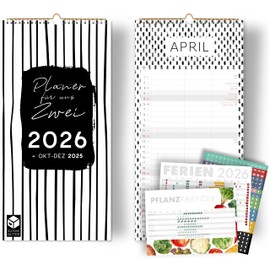 Couples Calendar 2026 Black White 3 Column Planner for Two 2026 Wall Calendar Couples 16 x 32.5 cm Partner Calendar 2026 Plus Sticker Recycled Holiday, Plus Oct-Dec 2025, Plus Vegetable Calendar Black