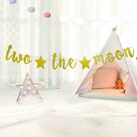 Two the Moon Banner- Letrero de fiesta a la luna, suministros para fiesta de cumpleaños para bebé, 2º cumpleaños, espacio exterior para decoración de fiesta de cumpleaños