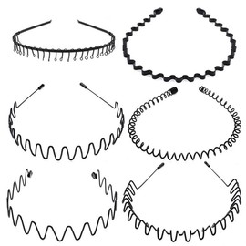 Pack of 6 Men's Headbands - Unisex Black Wave Metal Headband Hair Bands - Wave Metal Headband Hair Bands Metal Spring Hair Band Hair Bands Men