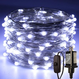 RUICHEN Plug in Fairy Lights with Switch, Waterproof 33 Ft 100 LED Silver Wire Starry String Firefly Lights for Christmas, Easter, National Day, Parties, Wedding, Vases, Craft, Cool White