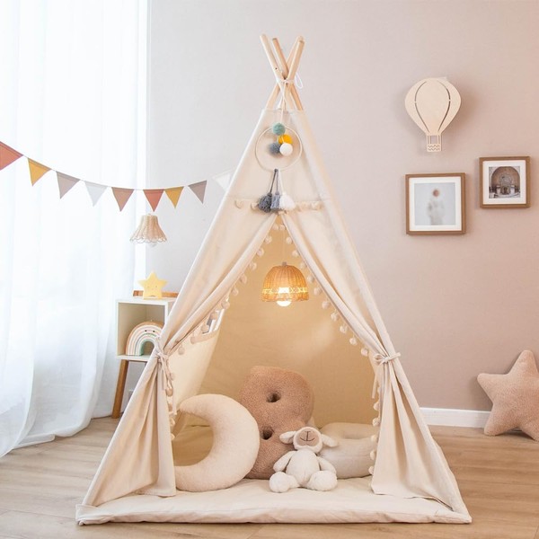 Teepee Tent for Kids with Padded Mat Foldable Tone Play Tents for Girl and Boy Canvas Tepee Playhouse for Child Indoor Outdoor