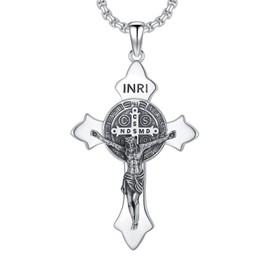 Swordgod St Benedict Crucifix Necklace for Men Women 925 Sterling Silver Crucifix Cross Pendant Saint Benedict San Benito Necklace Protection Faith Jewelry Gift for Christmas Father Son Brother Husband