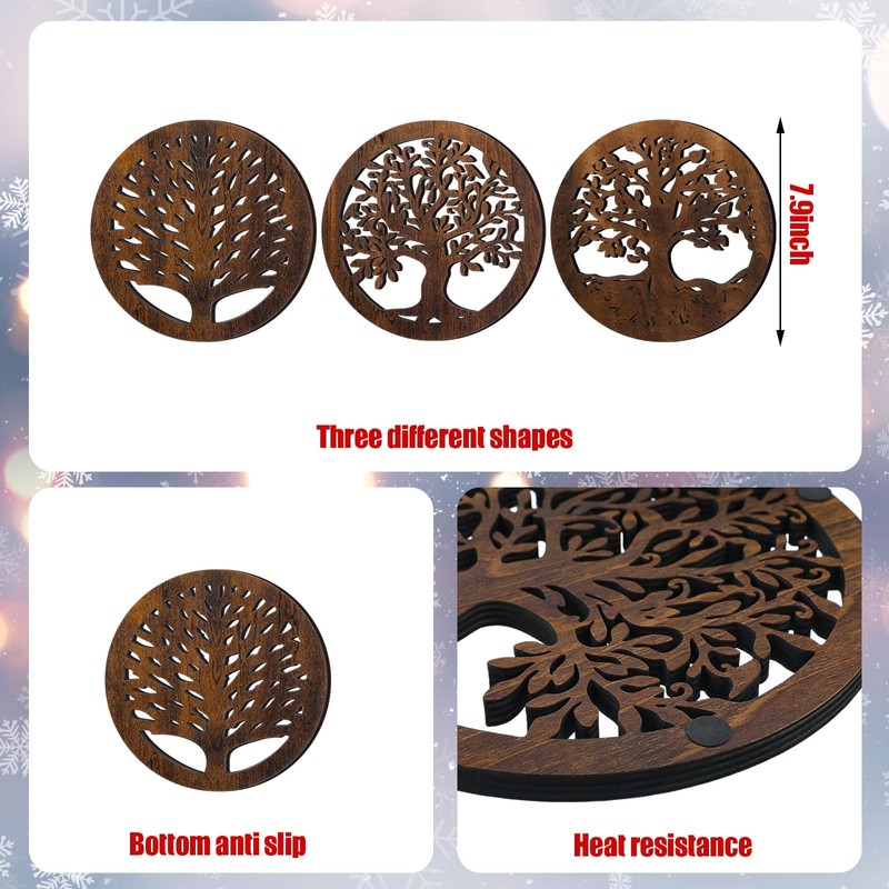 Beeveer 3 Pcs Life Tree Wooden Trivets Round Plates Pots