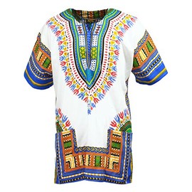 KlubKool Dashiki Shirt Tribal African Caftan Boho Unisex Top Shirt (White/Light Blue,X-Large)