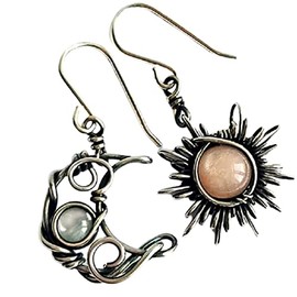 Boho Retro Opal Sun and Moon Dangle Earrings - Vintage Silver Asymmetry Star Drop Earrings - Black Moonstone Hypoallergenic Earrings for Women Statement Jewelry (Style A)