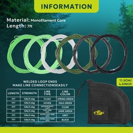 SF Fly Fishing Poly-Coated Leaders Kit Monofilament Core Leader Line for 7' IPS1, 1.5, 3, 5, 7 Set, Multi Colors 12LB