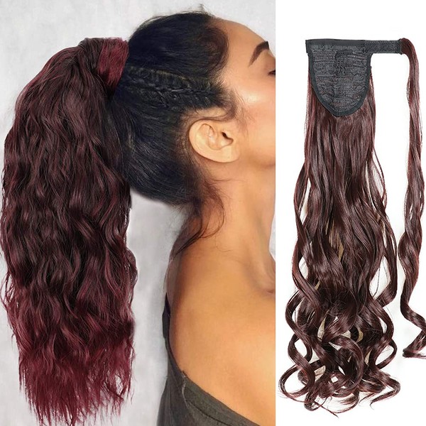 24" Velcro Straight Wavy Curly Clip In Ponytail Extensions Ponytail Hair Extensions Piano Color Ombre Brown Heat Resistant Synthetic Hair Long Hair Pieces (99J Wavy)