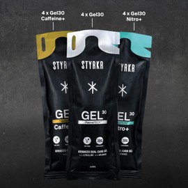 Energy Gel by Styrkr - Pack of 12 Mixed Energy Gels for Cycling & Running - Approved by Endurance Athletes - 30g of Carbs via Advanced Dual-Carb Formula - GEL30 GEL30 Nitro+ GEL30 Caffeine+ 12x Pack