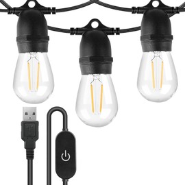 BRIMAX Portable USB Fairy Lights Outdoor, Dimmable 24.6 ft Camping Fairy Lights, 10 S14 Bulbs, 2700 K Warm White, 1 W per Bulb, Waterproof Plastic Fairy Lights for Christmas, Garden, Patio, Party