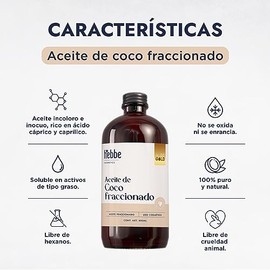 HEBBE Aceite de Coco Fraccionado 500 ml | Absorción Rápida | Hidratante Ligero para Piel y Cabello | Anti Frizz y Brillo