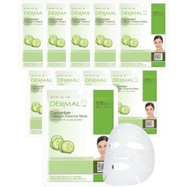 DERMAL Korea - 10 Mascarillas faciales: Cucumber Collagen Essence | Paquete de 10 Mascaras Coreanas con Colágeno, Péptidos y Vitamina E, Hidratación y