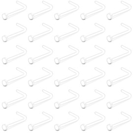 Crdifu 30pcs Clear Nose Studs Retainers 20G Flat Top Bioflex Screw L Shaped Nose Bone Stud Piercing for Work School