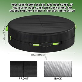 12 Ft Round Pool Cover with Reflective Strips,Round Pool Cover,Swimming Pool Cover for Above Ground Pools,New Super Windproof Gel-Coated Tarp Straps,Swimming Pool Covers with UV Protection