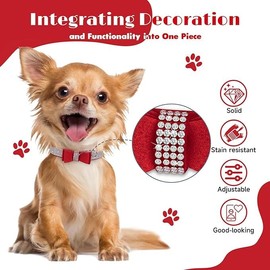 Hotlion Bow Tie Rhinestone Dog Collar Cute Sparkling Crystal Diamond Puppy Kitten Pet Cat Collar for Small Dogs Boys Girls Red S