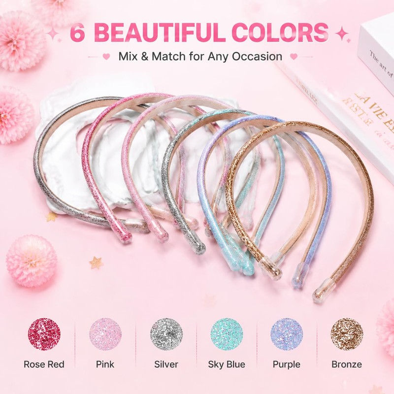 6 Pack Thin Glitter Headbands for Girls, Sparkly Sequin Toddler