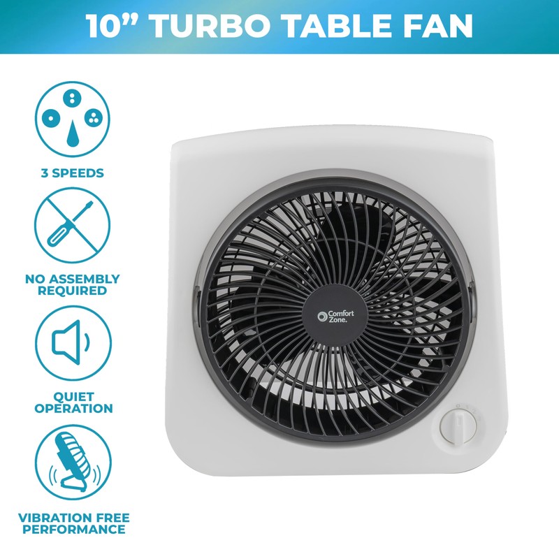 Comfort Zone Turbo Table Desk Fan with 180-Degree Adjustable Head,
