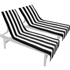 COTTON CRAFT Pool Lounge Chair Cover - 2 Pack - Chaise Spa Beach Chair Towel Cover - Cabana Stripe - Soft 100% Ringspun Terry Cotton - Oversized 32 inch Wide x 82 inch Long with 7 inch Pocket – Black