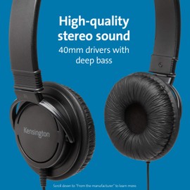 Kensington USB-A Hi-Fi Headphones, On-Ear Headset, 6ft Cord, for Kids, for Adults, for School, Padded Adjustable Headband (K97600WW), Black