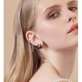 Black Earrings for Women,Surgical Steel Black Flat Back Stud Earrings,Titanium Steel Black Hoop Earrings,Black CZ Pearl Ball Opal Earrings