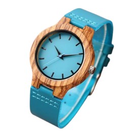 Men Women Wristwatch Blue Leather Strap Round Analogue Quartz Wash Fashionable Wooden Bamboo Frame Lightweight Fashion Wear (Men, Blue Leather Band)