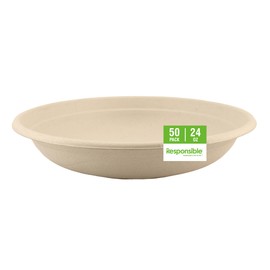 Responsible Products 24 oz Bowls, Tree-Less™ Compostable Molded Fiber Bowls, Extra Strength, Tree-Free and Made Without PFAS, Natural Brown (50 Count)