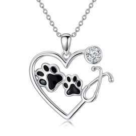 LEECCI Stethoscope Necklace 925 Sterling Silver Nurse Vet Pendant with Paw Print Nurse Vet Jewelry Gifts for Veterinary Women