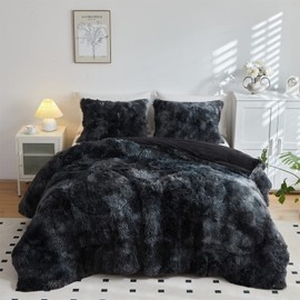 Wajade Faux Fur Plush Black Comforter Set Fluffy Fuzzy Shaggy Bedding Set - 3PC Full/Queen Microfiber Soft Warm Quilt Set