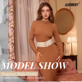 LEACOOLKEY Women Wide Elastic Belt Fashion Wide Belt Thick Wide Belt for Dresses, D-beige