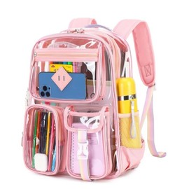 Clear Backpack  Heavy Duty PVC Stadium Approved--PIGPIGGIRL, Heavy Duty PVC Transparent Book Bag,See Through Backpack for School for Women for College Work Travel Festival&Multi-pockets for Colleges Workplace Security，elite bag - Color: pink