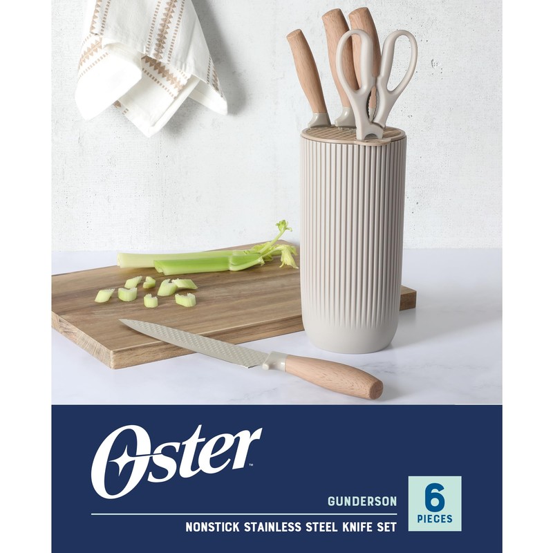 Oster Gunderson 6-Piece Kitchen Knife Block Set, Stainless Steel Kitchen