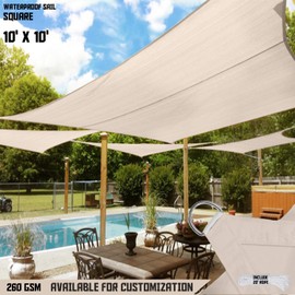TANG Sun Shades Depot 10' x 10' Square Waterproof Knitted Shade Sail Curved Edge Beige 260 GSM UV Block Shade Fabric Pergola Carport Canopy Replacement Awning Customize Available