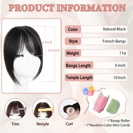 EINAEY Clip in Bangs, 100% Real Human Hair Natural Black Fake Bangs Clip in Hair Extensions French Bangs Fringe with Temples Hairpieces for Women Curved Curtain Bangs for Daily Wear