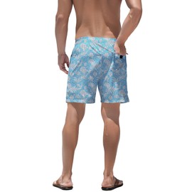 BOJIN 2 in 1 Mens Swim Trunks with Compression Liner 5.5" Inseam Quick Dry Bathing Suit Shorts with Zipper Pockets Blue Base White Flower L