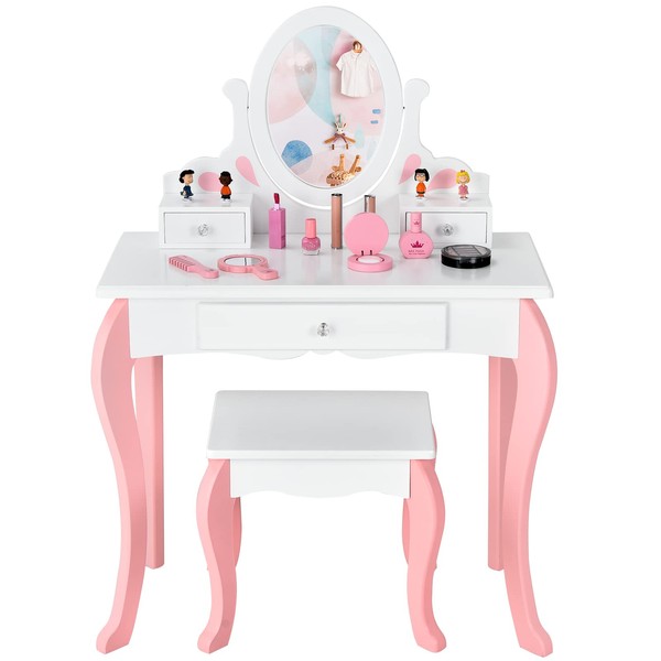 Costzon Kids Vanity Set with Mirror, 2 in 1 Princess Makeup Dressing Table w/Detachable Top, Toddler Vanity with 360° Rotating Mirror, Drawers & Stool, Pretend Play Vanity Set for Little Girls, White