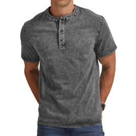 Aimeilgot Mens Distressed Henley Shirts Casual Washed T-Shirts Retro Short Sleeve Tee Cotton Shirts Grey, Large