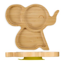 Relaxdays Baby Plate with Suction Cup, Bamboo, Elephant, Non-Slip, BPA-Free, Complementary Food, Divided Children's Plate, Natural