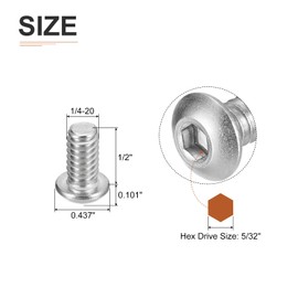 DTGN 1/4-20x1/2 inch Allen Screws with Pan Head - Pack of 50 - Suitable for Machines - 304 Stainless Steel 18/8 - Full Thread UNC Fasteners