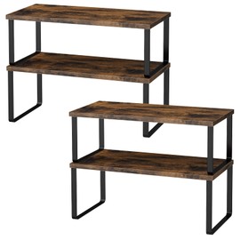 OGEMXU Cabinet Shelf Organizers, 15.7 inches Large Kitchen Counter Shelf, Set of 4 Wood Kitchen Pantry Organizer, Storage Shelves for Countertop, Spice Rack, Stackable, Expandable, Metal Black, Brown