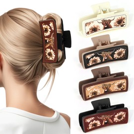 YARIEW Large Hair Claw Clips for Thick Hair 4" Leather Western Hair Clips Cattle Sunflower Floral Square Claw Clips Cowgirl Outfits Western Accessories for Women and Girls