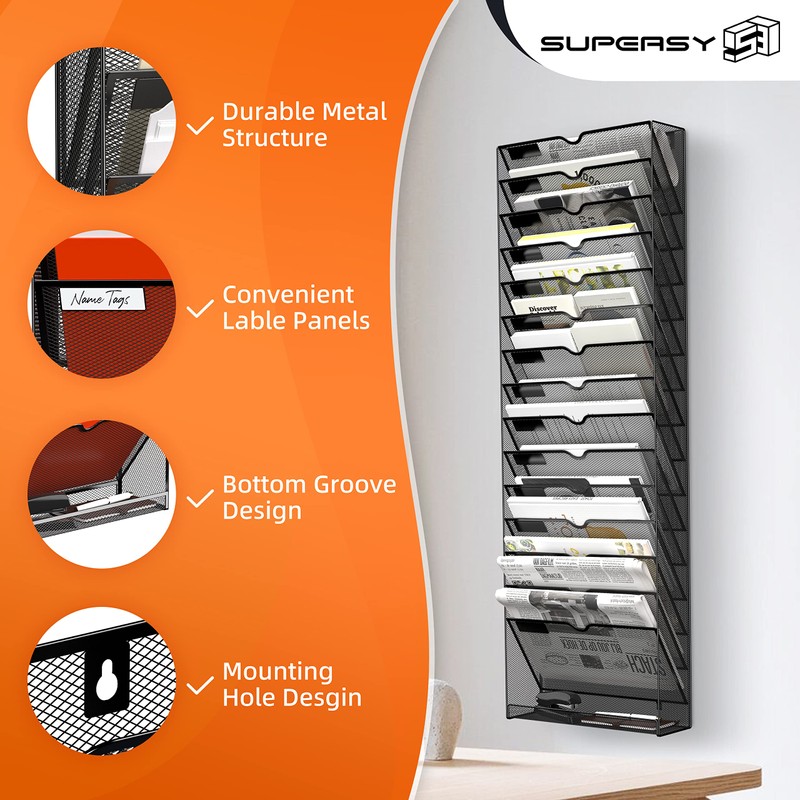 SUPEASY 16-Tier Hanging Wall File Holder Organizer for Papers, Folders,