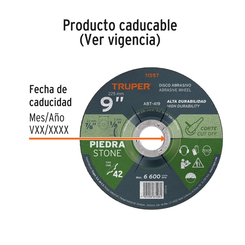 Truper ABT-419, Disco abrasivo para corte de piedra, alto rendimiento,