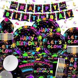 Neon Birthday Party Decorations 82pcs Glow Party Supplies Colorful Graffiti Party Set Black Light Tableware Set Neon Party Plates, Glow Napkins for Blacklight Neon Party Decorations, Serves 20 Guests
