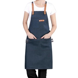 Yamibobo Denim Kitchen Apron, Chef Apron Cooking Apron Server Apron with Adjustable Straps and 3 Pockets for Women Men