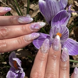 BABALAL Purple Press on Nails Medium Almond Fake Nails Butterfly Glue ons Nails 3D Water Ripple Design Acrylic Nails 24Pcs Summer Stiletto False Nails