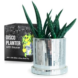 SCANDINORDICA Disco Ball Planter Pot - 4.3 inch Mirror Disco Ball Vase, Disco Planter, Ceramic Planter Pots Indoor with Drainage Hole and Saucer, Cute Desk Decor for Women | 0.2" Mirror Tiles