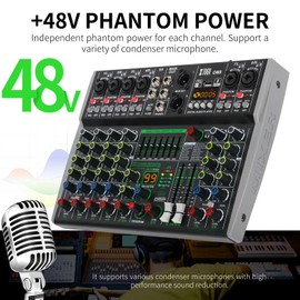 XTUGA Audio Mixer 8 Channel for PC, DJ Sound Board with Stereo Equalizer/PAD/HPF, USB/Bluetooth/48V Phantom Power for Karaoke Party Studio Streaming Recording(OM8)