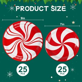 AimFun - 50 platos de papel de Navidad, platos de fiesta de caramelos de menta, platos desechables a rayas rojas y blancas, para suministros de fiesta de Navidad
