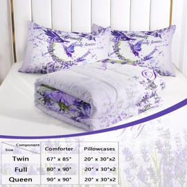 AILONEN Purple Floral Butterfly Comforter Set for Girls - Beautiful Lavender Butterfly Bedding Set Queen Printed Soft Comforter with 2 Pillowcases for Kids Women 3 Pieces